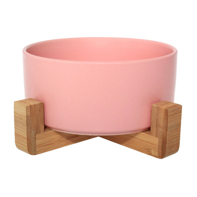 Ceramic Bowl with Bamboo Stand for Dogs - Pink