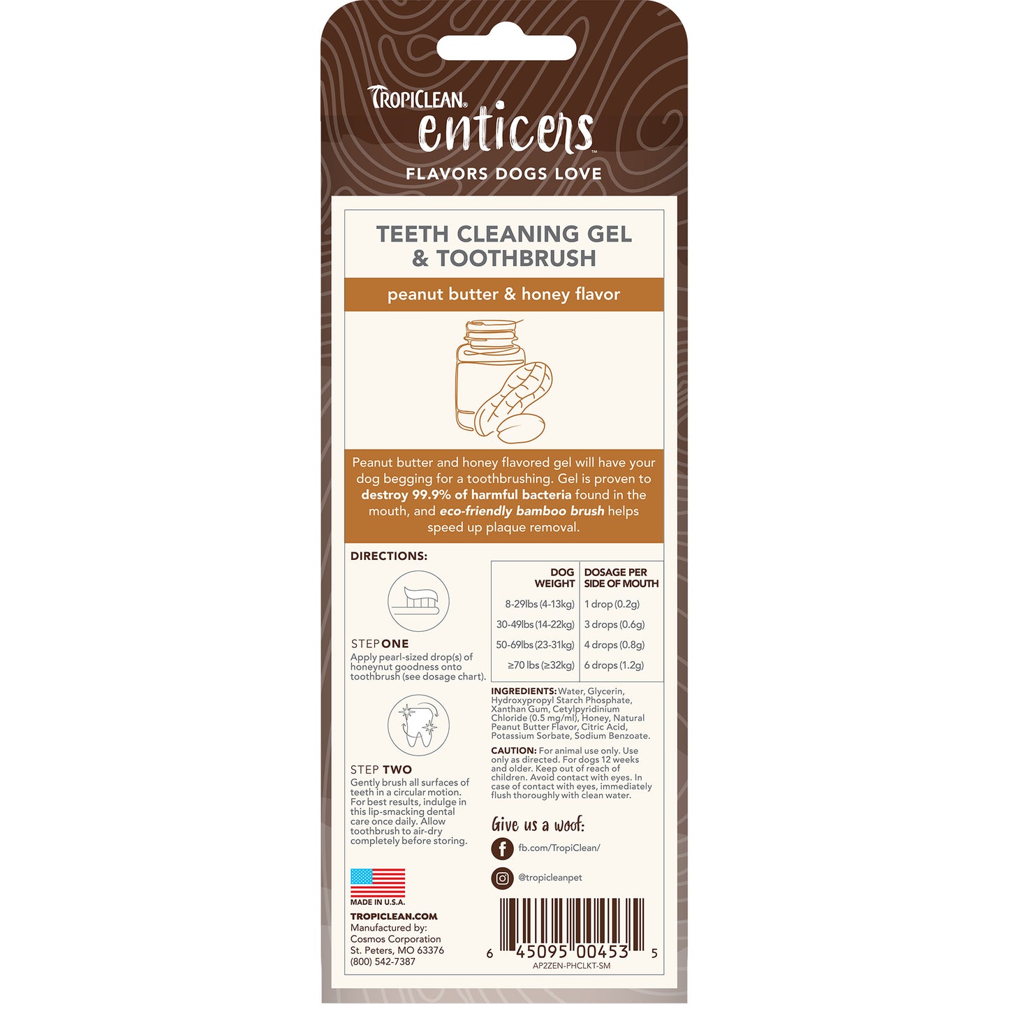 TROPICLEAN Enticers Teeth Cleaning Gel with Toothbrush for Dogs, Peanut Butter & Honey , 59ml