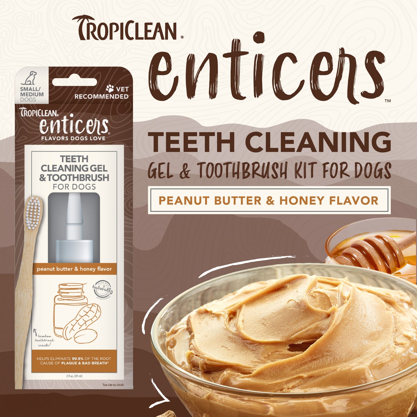 TROPICLEAN Enticers Teeth Cleaning Gel with Toothbrush for Dogs, Peanut Butter & Honey , 59ml